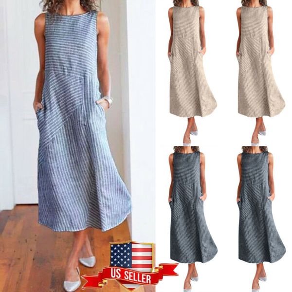 2020 summer women's dresses plus size casual linen loose sleeveless stripe pocket long maxi dress, Black;gray
2020 summer women's dresses plus size casual linen loose sleeveless stripe pocket long maxi dress, Black;gray