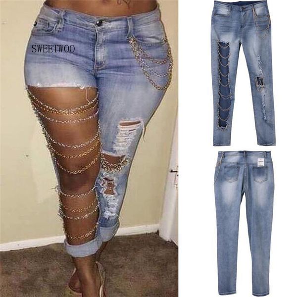women destroyed jeans holes chain patchwork skinny bodycon jeans pants ripped boyfriend pants denim vintage straight, Blue
women destroyed jeans holes chain patchwork skinny bodycon jeans pants ripped boyfriend pants denim vintage straight, Blue