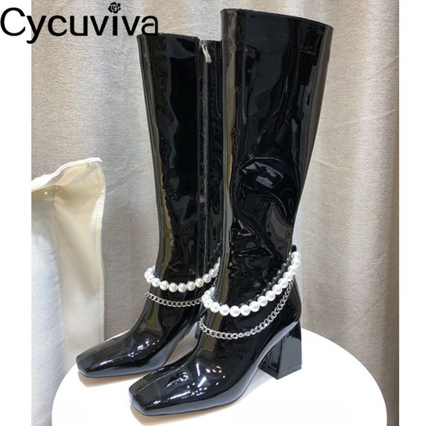 chic pearl chain decor knee high boots women runway black patent leather long boots chunky heels square toe winter women
chic pearl chain decor knee high boots women runway black patent leather long boots chunky heels square toe winter women