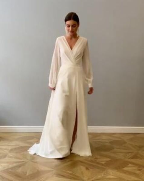 new design elegant bohemian long sleeve wedding dress a line chiffon deep v neck high slit women plus size bridal gowns, White
new design elegant bohemian long sleeve wedding dress a line chiffon deep v neck high slit women plus size bridal gowns, White