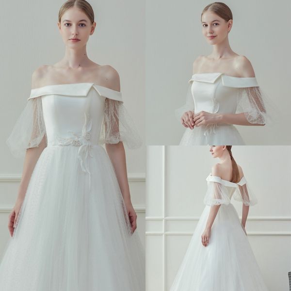 2020 modest yl off shoulder short puff sleeve a line wedding dresses lace applique sequins wedding gowns sweep train bridal gown, White
2020 modest yl off shoulder short puff sleeve a line wedding dresses lace applique sequins wedding gowns sweep train bridal gown, White