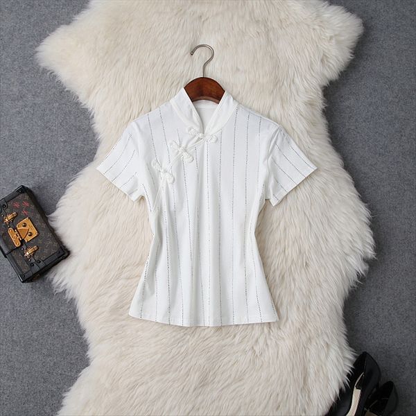 2019 summer women's heavy industry drill stand collar plate buckle slim cheongsam t-shirt cheongsam short sleeve t-shirt t9761, White
2019 summer women's heavy industry drill stand collar plate buckle slim cheongsam t-shirt cheongsam short sleeve t-shirt t9761, White