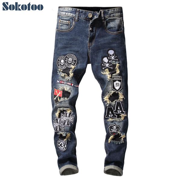 sokotoo men's patchwork skull flags patches design stretch jeans trendy embroidered tapered denim pants, Blue
sokotoo men's patchwork skull flags patches design stretch jeans trendy embroidered tapered denim pants, Blue
