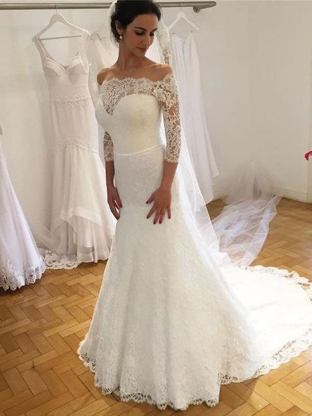 sheer neck lace wedding dress half sleeves bridal gown, White 
sheer neck lace wedding dress half sleeves bridal gown, White