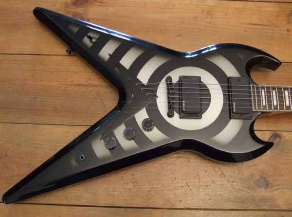 zv zakk wylde flying v silver burst & black bullseye electric guitar mop block inlay, emg pickups, string thru body bridge, black hardware
zv zakk wylde flying v silver burst & black bullseye electric guitar mop block inlay, emg pickups, string thru body bridge, black hardware