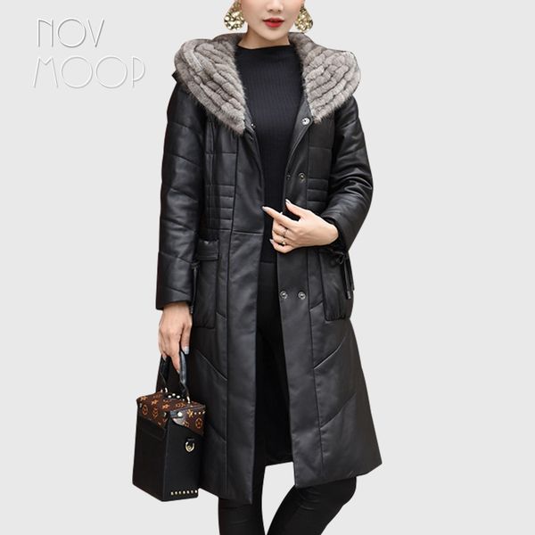 novmoop korean slim style women winter black detachable sashes collar sheepskin genuine leather long down coat lt2958
novmoop korean slim style women winter black detachable sashes collar sheepskin genuine leather long down coat lt2958