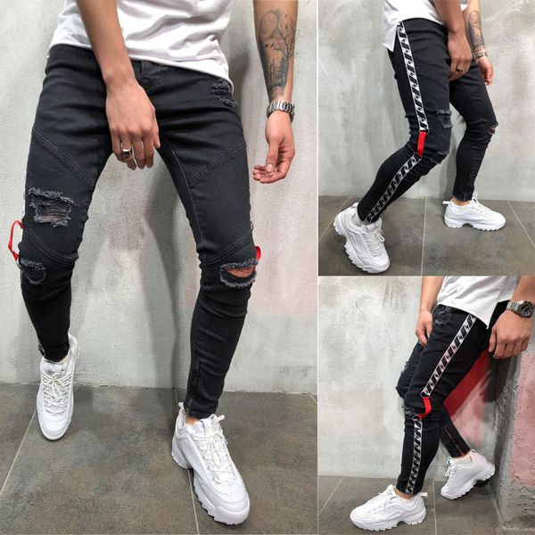 

mens black 19ss biker jeans ripped distressed spring summer pencil pants hombres jean pantalones, Blue