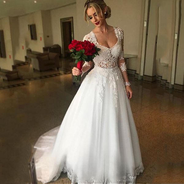 delicate square neckline lace long sleeve wedding dress appliques aline wedding dresses sheer back vestidos de fiesta de noche sweep train, White
delicate square neckline lace long sleeve wedding dress appliques aline wedding dresses sheer back vestidos de fiesta de noche sweep train, White