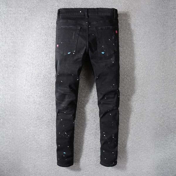 fashion streetwear men jeans black color destroyed ripped jeans men colorful paint denim broken pants hip hop skinny, Blue 
fashion streetwear men jeans black color destroyed ripped jeans men colorful paint denim broken pants hip hop skinny, Blue