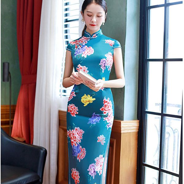 2019 spring and summer new elegent women short sleeve dresses imulation silk printing long dress large size lady cheongsam, White
2019 spring and summer new elegent women short sleeve dresses imulation silk printing long dress large size lady cheongsam, White