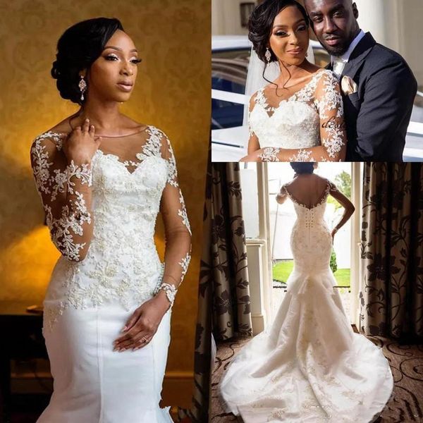 2019 new african style gorgeous jewel sheath mermaid wedding dresses lace applique beaded long sleeve sweep train wedding dresses, White
2019 new african style gorgeous jewel sheath mermaid wedding dresses lace applique beaded long sleeve sweep train wedding dresses, White