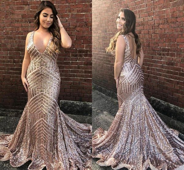 rose gold plus size mermaid prom dresses shinny sequins plunging v neck open back sweep train graduation formal dress, Black
rose gold plus size mermaid prom dresses shinny sequins plunging v neck open back sweep train graduation formal dress, Black