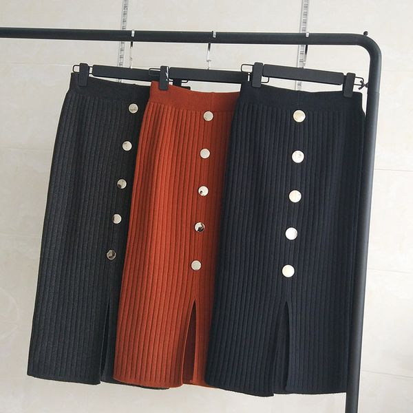 high waist buttoned half-length knit hip skirt, Black