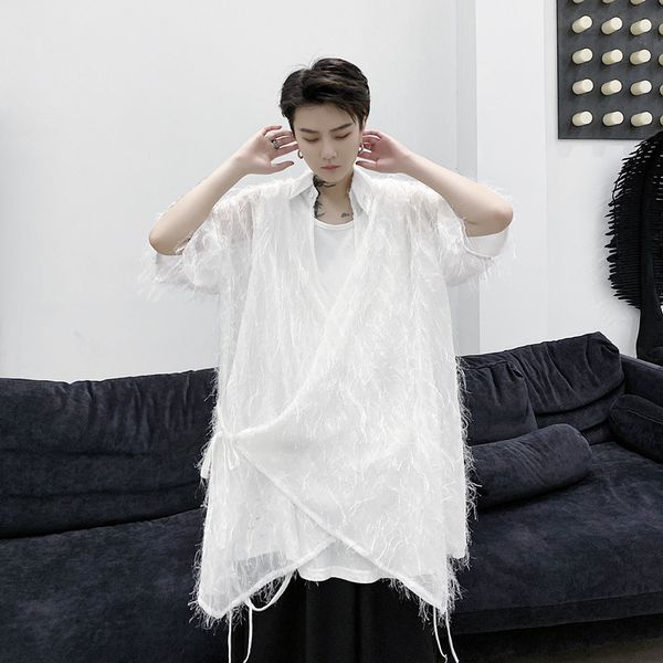 men feather tassel short sleeve thin shirt cardigan male women japan streetwear punk gothic kimono shirt coat, White;black
men feather tassel short sleeve thin shirt cardigan male women japan streetwear punk gothic kimono shirt coat, White;black