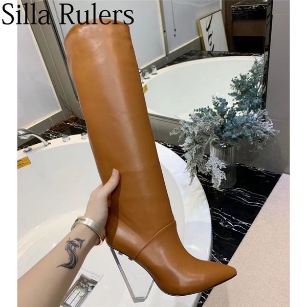 2019 new transparent triangle heels knee high boots woman pointed toe genuine leather long boots woman runaway long, Black
2019 new transparent triangle heels knee high boots woman pointed toe genuine leather long boots woman runaway long, Black