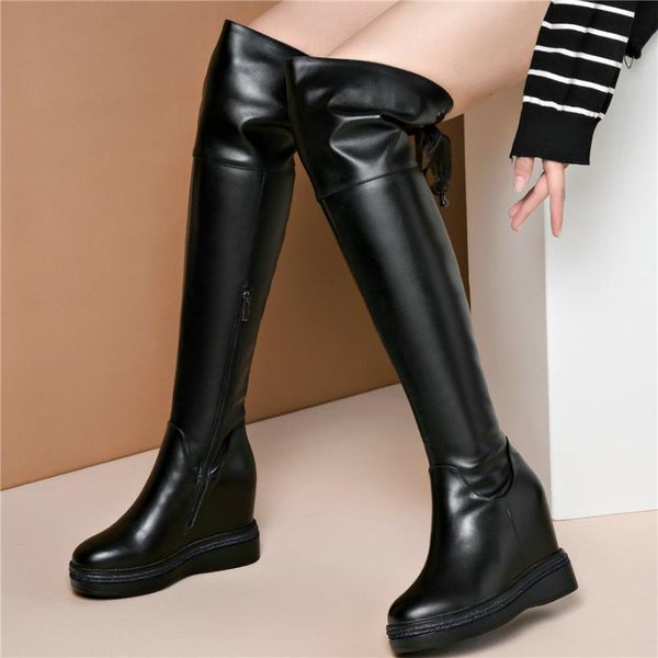 new casual shoes women lace up genuine leather wedges high heel knee high boots female round toe platform thigh pumps shoes, Black
new casual shoes women lace up genuine leather wedges high heel knee high boots female round toe platform thigh pumps shoes, Black