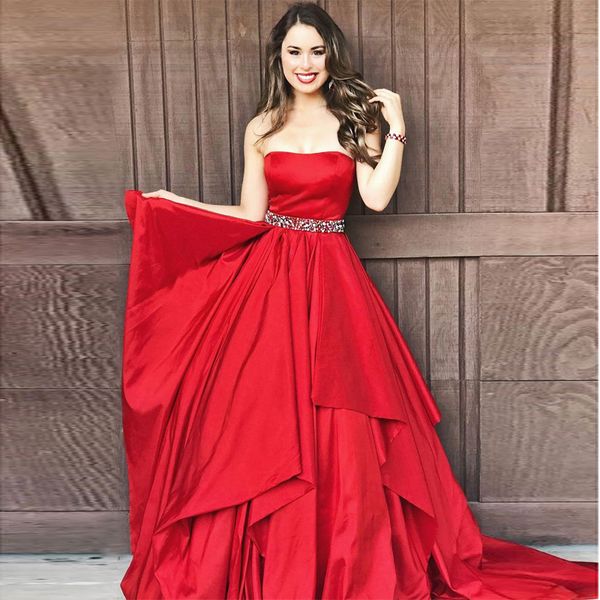chic strapless a-line satin red prom dresses with irregular skirt beaded waist formal evening gowns sweep train vestido de festa, Black
chic strapless a-line satin red prom dresses with irregular skirt beaded waist formal evening gowns sweep train vestido de festa, Black