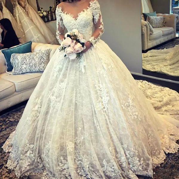 2019 designer ball gown wedding dresses long sleeves sheer neck tulle appliques fitted puffy lace bridal gowns alibaba robes de mariée, White
2019 designer ball gown wedding dresses long sleeves sheer neck tulle appliques fitted puffy lace bridal gowns alibaba robes de mariée, White