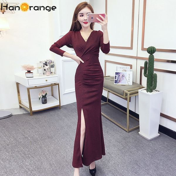 2019 long sleeve bright silk dress v-neck temperament slim slimming hip split dress, Black;gray
2019 long sleeve bright silk dress v-neck temperament slim slimming hip split dress, Black;gray