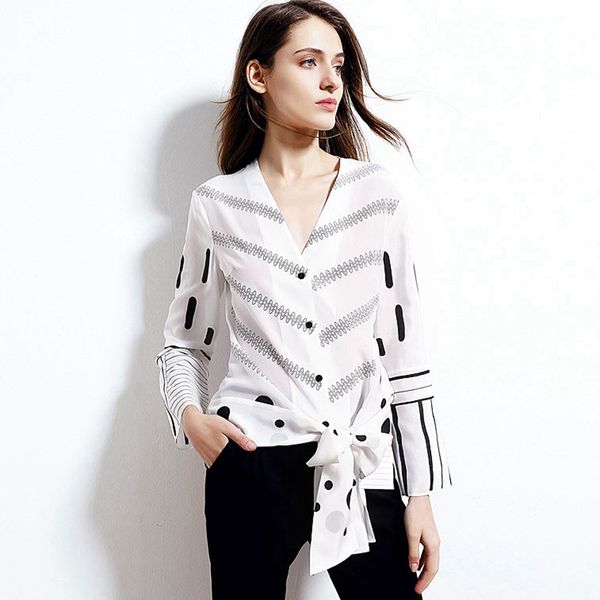 100% silk blouse women shirt v neck bow decoration printed spliced long flare sleeves casual style new fashion 2019, White
100% silk blouse women shirt v neck bow decoration printed spliced long flare sleeves casual style new fashion 2019, White