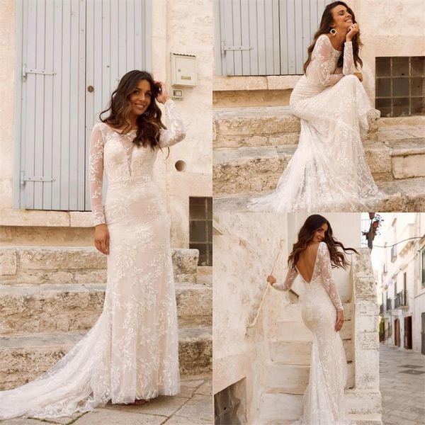 elegant long sleeve mermaid wedding dresses jewel neck applique lace plus size bridal gown backless sweep train beach bridal dress, White
elegant long sleeve mermaid wedding dresses jewel neck applique lace plus size bridal gown backless sweep train beach bridal dress, White
