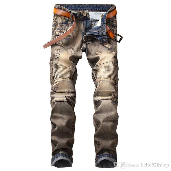 classic designer mens motorcycle zipper golden hole jeans slim fold biker long trousers ripped pants straight, Blue
classic designer mens motorcycle zipper golden hole jeans slim fold biker long trousers ripped pants straight, Blue
