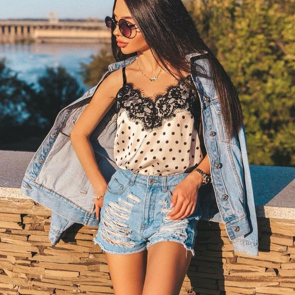 

2019 New Women Lace Camis Vest Summer Polka Dot Sleeveless Casual Tank Tops Lady Chic High Street OL Tanks Vests Female Camisole
