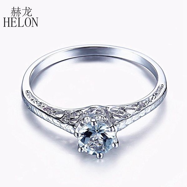 

helon solid 14k white gold round 4.5mm natural aquamarine ring women engagement art deco vintage solitaire gemstone fine jewelry, Golden;silver