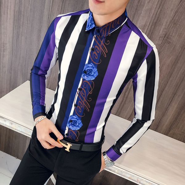 2019 spring fashion men's long-sleeved striped shirt personality pattern slim trend wild casual men's flower shirt, White;black
2019 spring fashion men's long-sleeved striped shirt personality pattern slim trend wild casual men's flower shirt, White;black