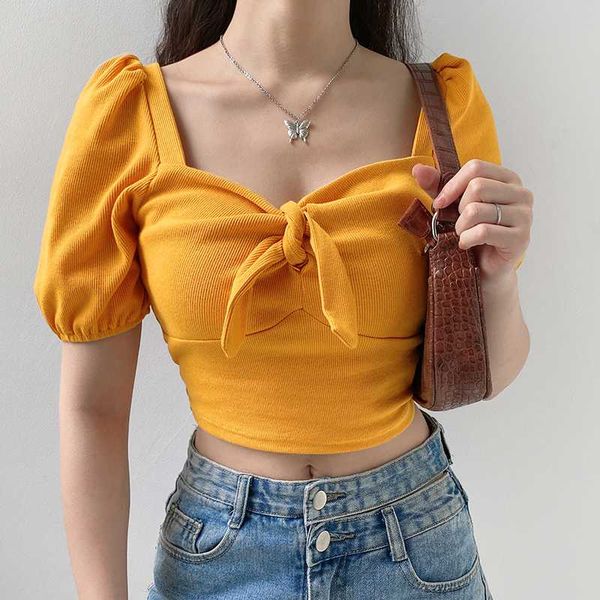 new 2020 summer women crop square collar with bow lantern sleeves solid knitted short sleeve, White
new 2020 summer women crop square collar with bow lantern sleeves solid knitted short sleeve, White