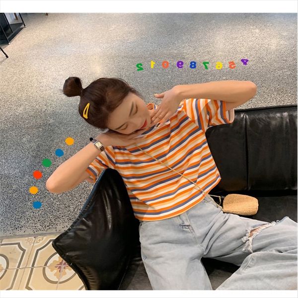 striped short-sleeved t-shirt women 2020 loose versatile student women's clothing short short striped short-sleeved t-shirt women 2020, White 
striped short-sleeved t-shirt women 2020 loose versatile student women's clothing short short striped short-sleeved t-shirt women 2020, White