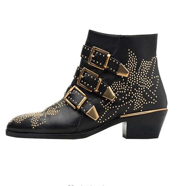 winter leather belt buckle ankle boots ladies pointed brand boots thick with motorcycle rivets short wholesale sales, Black
winter leather belt buckle ankle boots ladies pointed brand boots thick with motorcycle rivets short wholesale sales, Black