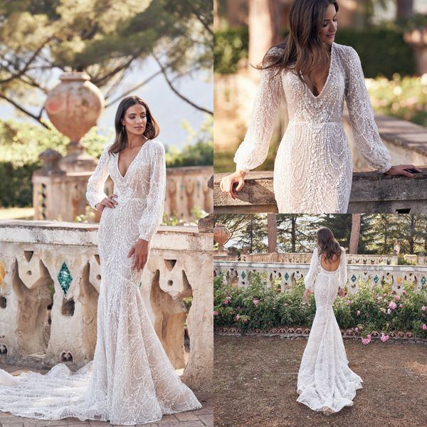 2020 lace mermaid wedding dresses appliques deep v neck long sleeve beach wedding dress bridal gowns hollow back boho robes de mariée, White
2020 lace mermaid wedding dresses appliques deep v neck long sleeve beach wedding dress bridal gowns hollow back boho robes de mariée, White