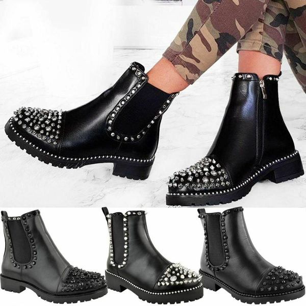 short boots woman 2019 square with england boots bottom rivet woman, Black