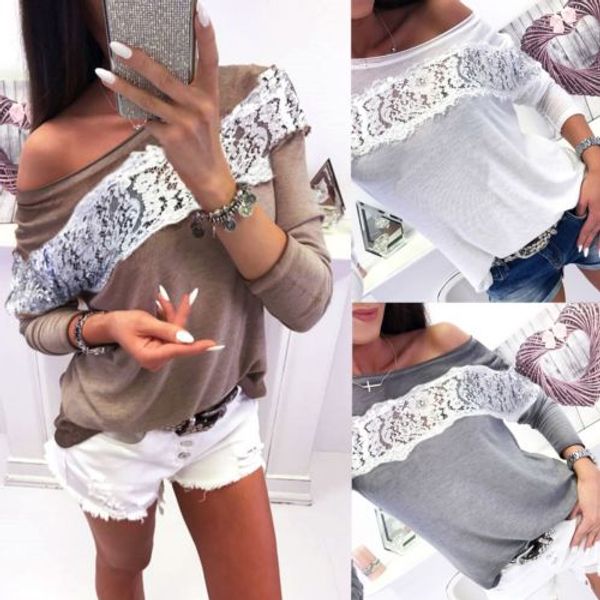 women pullover lace patchwork t-shirt long sleeve off shoulder loose tee shirt
