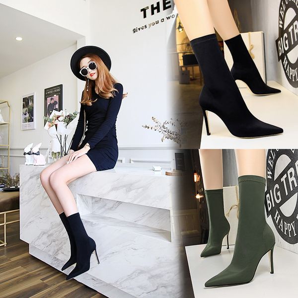 

2019 spring new women's shoes women's boots stiletto super high with pedicure was thin pointed lycra stretch boots -1, Black