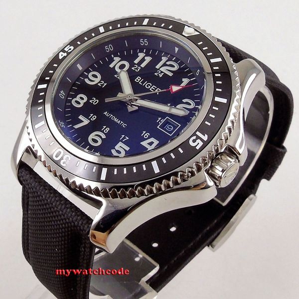 44mm bliger black dial luminous ceremaic bezel date window automatic mens watch, Slivery;brown
44mm bliger black dial luminous ceremaic bezel date window automatic mens watch, Slivery;brown
