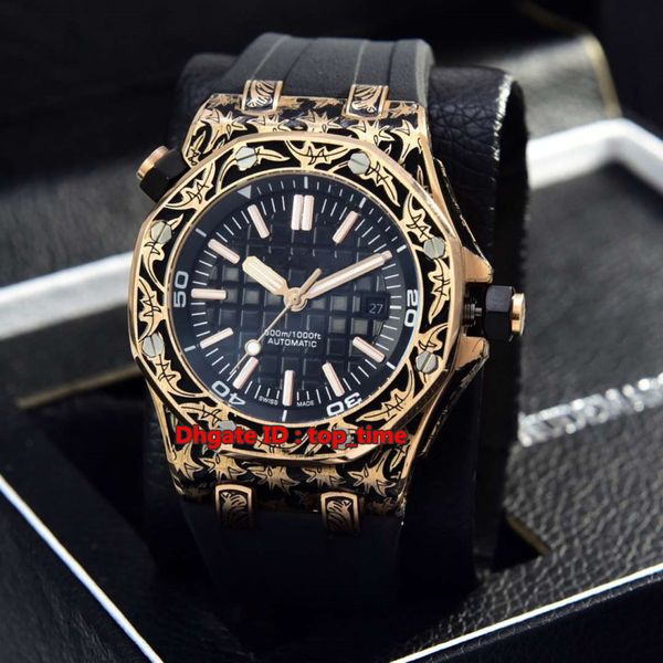 4 style new 42mm diver rose gold carved automatic mens watch 15710 sapphire glass carving case black dial rubber strap gents sports watches, Slivery;brown
4 style new 42mm diver rose gold carved automatic mens watch 15710 sapphire glass carving case black dial rubber strap gents sports watches, Slivery;brown