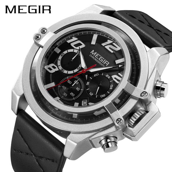 

megir men's chronograph luminous quartz watches with calendar date analog leather strap wristwatch man elogio masculino, Slivery;brown