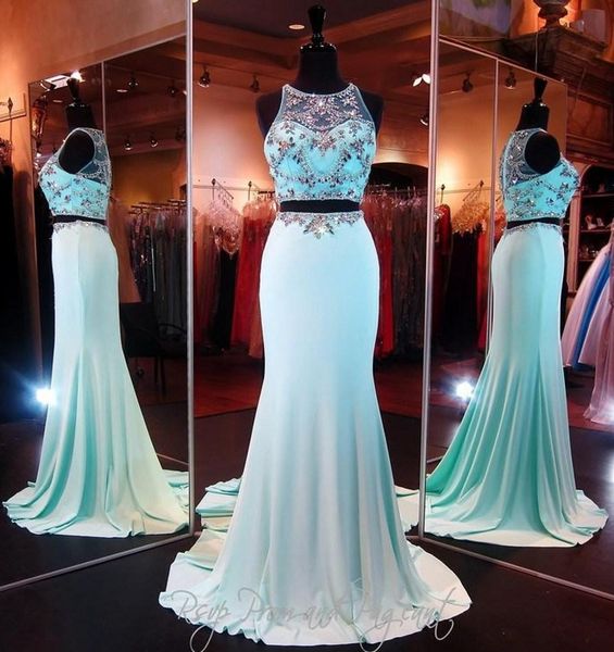 two piece prom dresses sage evening gowns mermaid sheer neck crystals floor length long pageant custom made party gowns, Black
two piece prom dresses sage evening gowns mermaid sheer neck crystals floor length long pageant custom made party gowns, Black