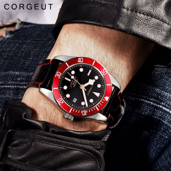 corgeut 41mm automatic mechanical watch men schwarz bay leather strap luminous waterproof sport diver male wristwatch, Slivery;brown
corgeut 41mm automatic mechanical watch men schwarz bay leather strap luminous waterproof sport diver male wristwatch, Slivery;brown