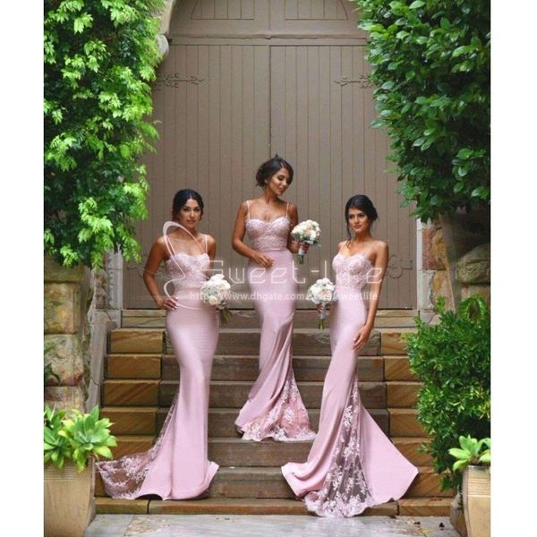 

Длинные розовые атласные кружевные платья подружки невесты 2019 Русалка спагетти Свадебные платья для гостей без рукавов вечернее платье фрейлина на свадьбе