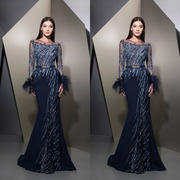 2019 ziad nakad navy blue prom dresses jewel long sleeve lace sequins crystal mermaid evening dress custom made special occasion gowns, Black
2019 ziad nakad navy blue prom dresses jewel long sleeve lace sequins crystal mermaid evening dress custom made special occasion gowns, Black