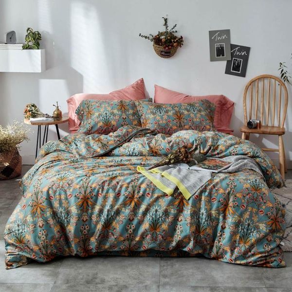 yellow bohemian flowers leaves high count egyptian cotton bedding set king size bedlinens flat sheet duvet cover set