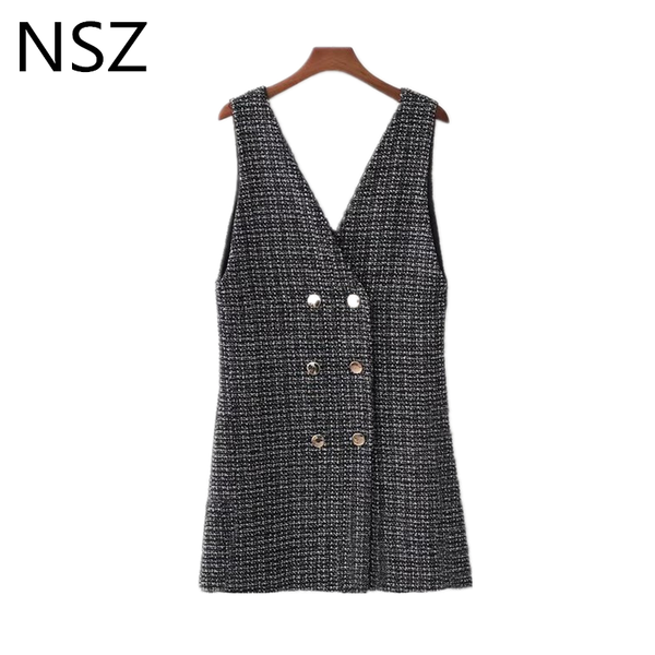 nsz women tweed dress checked sleeveless v neck double breasted houndstooth mini dress autumn winter plaid short, Black;white
nsz women tweed dress checked sleeveless v neck double breasted houndstooth mini dress autumn winter plaid short, Black;white