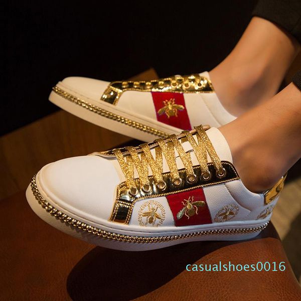 2020 classic casual desinger shoes men black skate sneakers leather golden embroidery c16