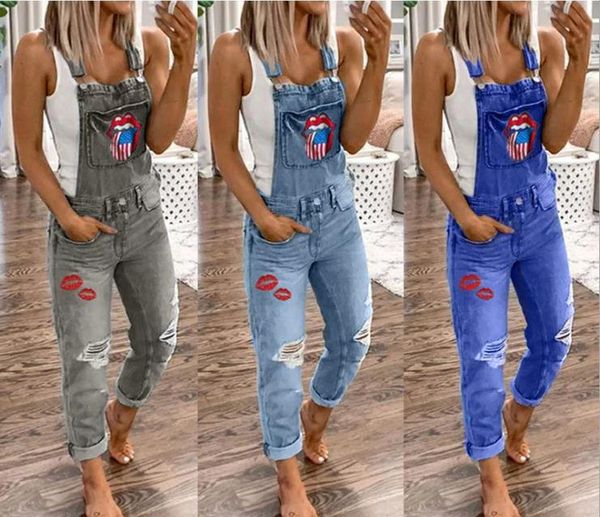 women suspender jean printed denim overalls fashion casual denim hole trousers, Blue