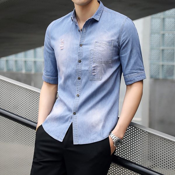 casual social shirts mens camisa masculina korean denim hole slim fit men shirt turndown collar half sleeve business shirt man, White;black
casual social shirts mens camisa masculina korean denim hole slim fit men shirt turndown collar half sleeve business shirt man, White;black