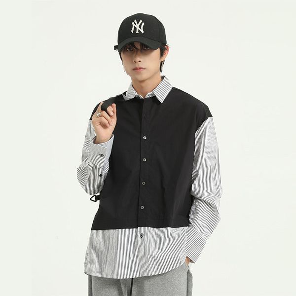 men casual stripe splice long sleeve shirt male japan streetwear hip hop vintage fashion loose shirts, White;black
men casual stripe splice long sleeve shirt male japan streetwear hip hop vintage fashion loose shirts, White;black