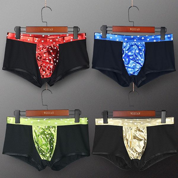 men's fun jin xingxing mesh flat angle bright leather patent leather men's underwear nightclub stage performance underwear, Black;white
men's fun jin xingxing mesh flat angle bright leather patent leather men's underwear nightclub stage performance underwear, Black;white